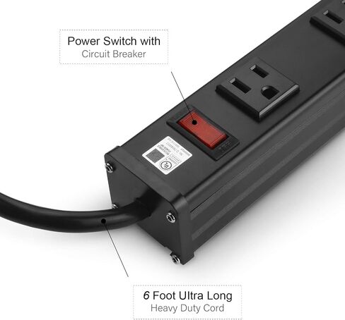 CCCEI Long Heavy Duty Metal Power Strip, 16 Outlet Large Industrial Multi Wide Strip for Garage Workshop, Extension Cord with Multiple Outlets, 15A, 125V, 1875W. 6 FT, Black. in Kuwait