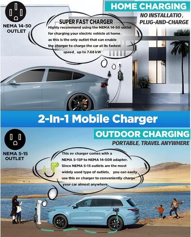 شاحن MUETUX المستوى 2 و1 EV (10-32 أمبير، 110 فولت-240 فولت، كابل 25 قدم، SAE J1772)، مركبة كهربائية محمولة للمنزل/الخارج مع محول NEMA 14-50P/5-15P إلى 14-50R، قابل للتعديل 32A/24/20 /16/10 أمبير، تأخير 1-12 ساعة in Kuwait