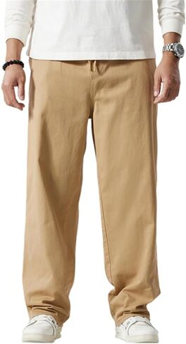 سراويل LUOBANIU للرجال ذات قصة مستقيمة من القطن والكتان برباط بخصر مطاطي سراويل فضفاضة غير رسمية فضفاضة in Kuwait