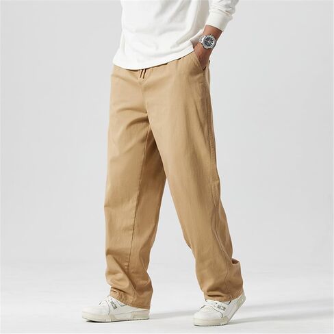 سراويل LUOBANIU للرجال ذات قصة مستقيمة من القطن والكتان برباط بخصر مطاطي سراويل فضفاضة غير رسمية فضفاضة in Kuwait