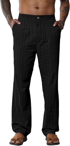 Lexiart Mens Casual Cotton Linen Striped Pants Elastic Waist Summer Beach Yoga Pants in Saudi Arabia