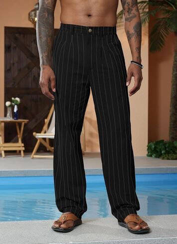 Lexiart Mens Casual Cotton Linen Striped Pants Elastic Waist Summer Beach Yoga Pants in Saudi Arabia