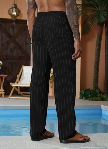 Lexiart Mens Casual Cotton Linen Striped Pants Elastic Waist Summer Beach Yoga Pants in Saudi Arabia