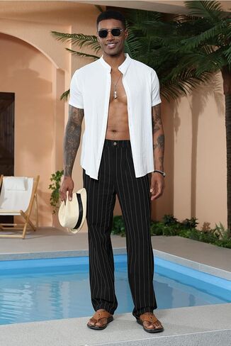 Lexiart Mens Casual Cotton Linen Striped Pants Elastic Waist Summer Beach Yoga Pants in Saudi Arabia