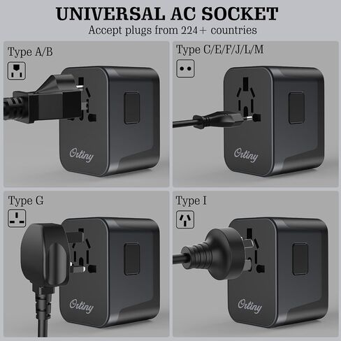 محول السفر العالمي، محول التوصيل الدولي أورتيني 4 منافذ USB A 1 USB C، محول طاقة السفر الأوروبي الكل في واحد محول منفذ شاحن السفر لأوروبا والمملكة المتحدة وأستراليا واليابان يغطي 200+ دولة in Saudi Arabia