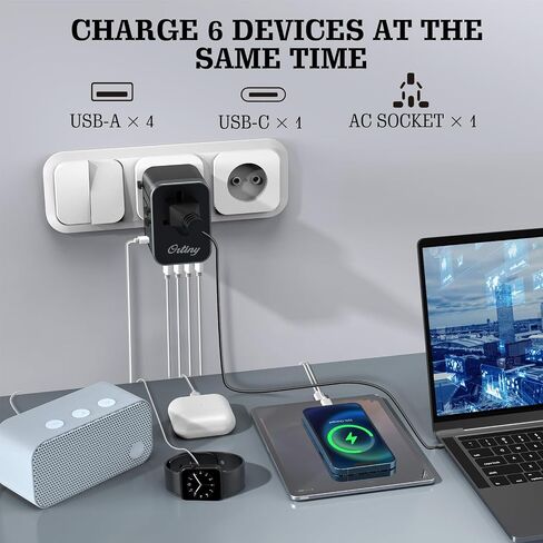 محول السفر العالمي، محول التوصيل الدولي أورتيني 4 منافذ USB A 1 USB C، محول طاقة السفر الأوروبي الكل في واحد محول منفذ شاحن السفر لأوروبا والمملكة المتحدة وأستراليا واليابان يغطي 200+ دولة in Saudi Arabia