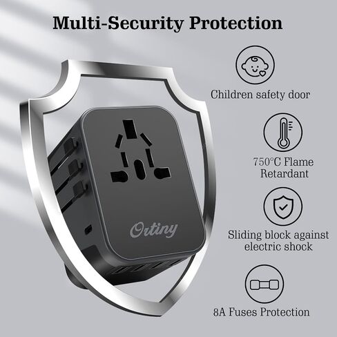 محول السفر العالمي، محول التوصيل الدولي أورتيني 4 منافذ USB A 1 USB C، محول طاقة السفر الأوروبي الكل في واحد محول منفذ شاحن السفر لأوروبا والمملكة المتحدة وأستراليا واليابان يغطي 200+ دولة in Saudi Arabia