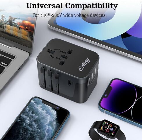 محول السفر العالمي، محول التوصيل الدولي أورتيني 4 منافذ USB A 1 USB C، محول طاقة السفر الأوروبي الكل في واحد محول منفذ شاحن السفر لأوروبا والمملكة المتحدة وأستراليا واليابان يغطي 200+ دولة in Saudi Arabia