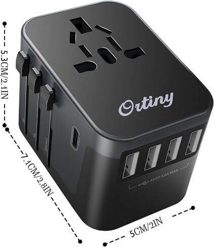 محول السفر العالمي، محول التوصيل الدولي أورتيني 4 منافذ USB A 1 USB C، محول طاقة السفر الأوروبي الكل في واحد محول منفذ شاحن السفر لأوروبا والمملكة المتحدة وأستراليا واليابان يغطي 200+ دولة in Saudi Arabia