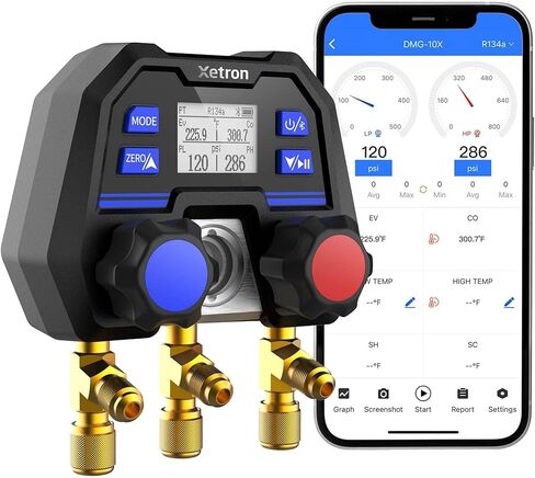 Xetron Revolutionary HVAC Gauges R410a Digital Manifold Diagnostic R134a R12 R404a etc Up to 141+ Refrigerants, OTA Remote Upgrade, 1/4"SAE 2-Way in Kuwait