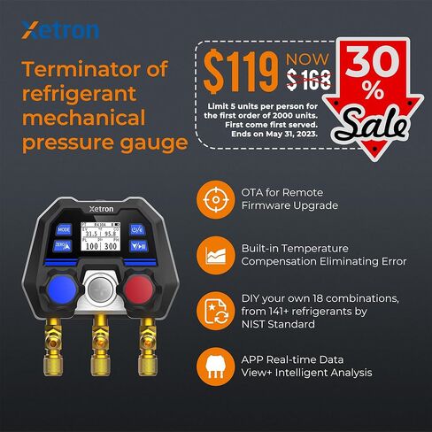 Xetron Revolutionary HVAC Gauges R410a Digital Manifold Diagnostic R134a R12 R404a etc Up to 141+ Refrigerants, OTA Remote Upgrade, 1/4"SAE 2-Way in Kuwait