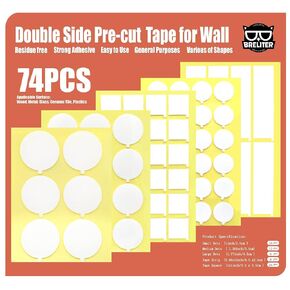 Breliter Pre-Cut Double Sided Tape for Wall - 74Pcs Clear Sticky Tape for Picture Hanging Mounting Tape, Easy to use and Removable Tape for Home Decoration, Birthday Party, Christmas and Crafts