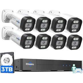 [عرض واسع 121 درجة + محرك أقراص ثابتة سعة 3 تيرابايت] نظام كاميرا أمان Hiseeu 4K، 8 قطع كاميرا أمان PoE 8 ميجابكسل في الهواء الطلق، كشف المركبات البشرية، رؤية ليلية ملونة، وصول عن بعد بدون رسوم، للاستخدام الداخلي والخارجي للمراقبة المنزلية