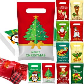 Fulmoon 500 Pieces Christmas Plastic Gift Bags Bulk Christmas Merchandise Bags with Handles Xmas Party Favor Bags Goodies Bags Boutique Bags for Christmas New Year Party Decoration