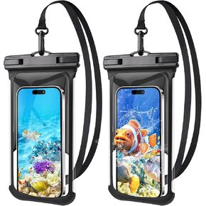 [2 Pack] Waterproof Phone Pouch/Case - IPX8 Large Cell Phone Dry Bag Beach Travel Essentials with Detachable Lanyard for iPhone 15/14/13 Pro Max/ S24 Up to 8.3"- [3D Design] - Black & Pink