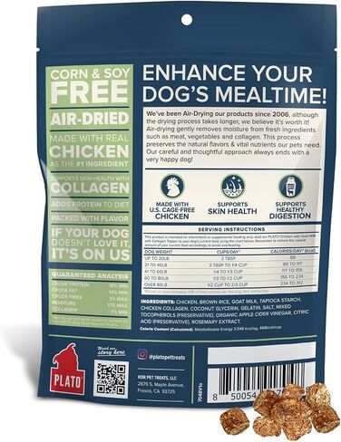 PLATO Pet Treats Dog Food Toppers - Air-Dried Dog Food Toppers for Dry Food - with Collagen to Support Skin and Coat Health - Chicken and Collagen Recipe 12oz in Saudi Arabia