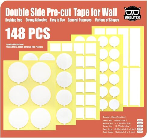 Breliter Pre-Cut Double Sided Tape for Wall - 74Pcs Clear Sticky Tape for Picture Hanging Mounting Tape, Easy to use and Removable Tape for Home Decoration, Birthday Party, Christmas and Crafts in Saudi Arabia