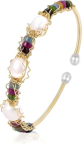 Natural Freshwater Pearl Bracelet for Women, Natural Freshwater Pearl Bracelet Jewelry, Open Bracelet, Lucky Pearl Jewelry Bracelet for Mom and Lover (14K Gold Plated) in Saudi Arabia