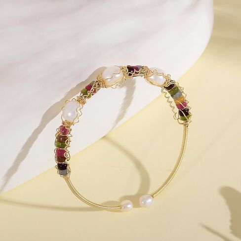 Natural Freshwater Pearl Bracelet for Women, Natural Freshwater Pearl Bracelet Jewelry, Open Bracelet, Lucky Pearl Jewelry Bracelet for Mom and Lover (14K Gold Plated) in Saudi Arabia