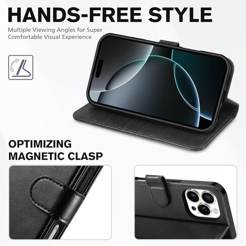TUCCH Wallet Case for iPhone 16 Pro (6.3") 2024, 4 Card Holders, Black | RFID Blocking, Viewing Stand, Shockproof TPU Shell, PU Leather, Magnetic Closure, Protective Folio Flip Cover in Kuwait