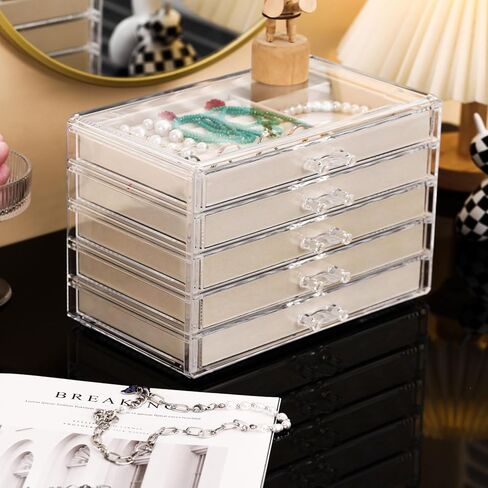 صندوق تنظيم القلادة، صينية بغطاء شفاف، حافظة عرض للتخزين بقلادة مخملية مقاومة للغبار، إدراج درج لقلادة للقلائد الطويلة مناسبة للنساء والفتيات (بيج) in Kuwait