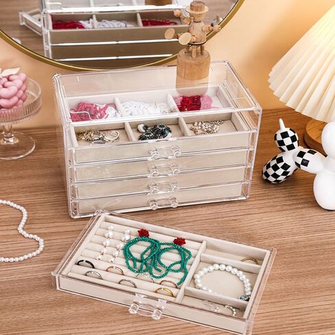 صندوق تنظيم القلادة، صينية بغطاء شفاف، حافظة عرض للتخزين بقلادة مخملية مقاومة للغبار، إدراج درج لقلادة للقلائد الطويلة مناسبة للنساء والفتيات (بيج) in Kuwait