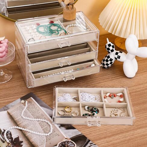 صندوق تنظيم القلادة، صينية بغطاء شفاف، حافظة عرض للتخزين بقلادة مخملية مقاومة للغبار، إدراج درج لقلادة للقلائد الطويلة مناسبة للنساء والفتيات (بيج) in Kuwait
