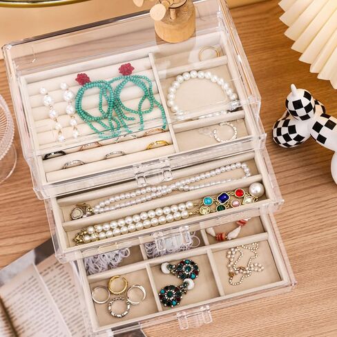 صندوق تنظيم القلادة، صينية بغطاء شفاف، حافظة عرض للتخزين بقلادة مخملية مقاومة للغبار، إدراج درج لقلادة للقلائد الطويلة مناسبة للنساء والفتيات (بيج) in Kuwait