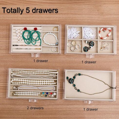 صندوق تنظيم القلادة، صينية بغطاء شفاف، حافظة عرض للتخزين بقلادة مخملية مقاومة للغبار، إدراج درج لقلادة للقلائد الطويلة مناسبة للنساء والفتيات (بيج) in Kuwait