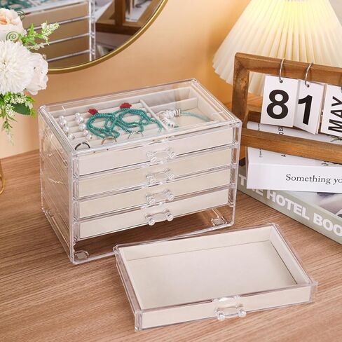 صندوق تنظيم القلادة، صينية بغطاء شفاف، حافظة عرض للتخزين بقلادة مخملية مقاومة للغبار، إدراج درج لقلادة للقلائد الطويلة مناسبة للنساء والفتيات (بيج) in Kuwait