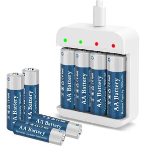 3600mWh AA Rechargeable 1.5V Lithium Batteries with Charger (4 Bay Independent Slot), 4 Pack Long-Lasting Double A Size Batteries for Blink Outdoor Camera