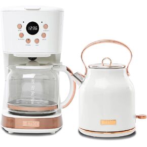 Haden 1.7 Liter Stainless Steel Electric Kettle and 12 Cup Programmable Retro Coffee Maker Machine Kitchen Appliance Set, Black/Copper