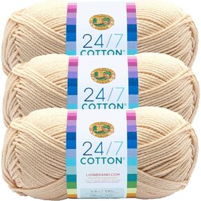 (3 Pack) Lion Brand Yarn 761-098 24/7 Cotton Yarn, Ecru