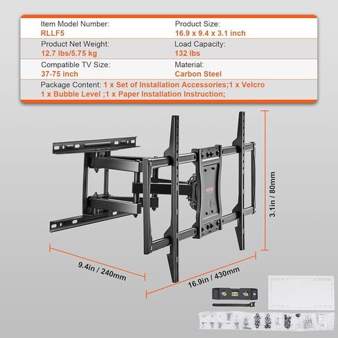 VEVOR Full Motion TV Mount Fits for Most 26-55 inch TVs, Swivel Tilt Horizontal Adjustment TV Wall Mount Bracket with Articulating Arm, Max VESA 400x400mm, Holds up to 99 lbs in Kuwait
