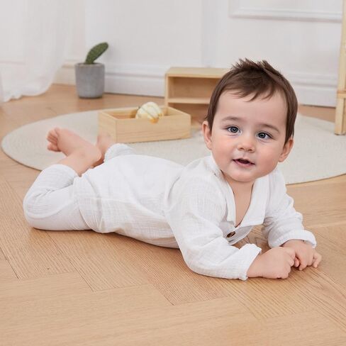 VISGOGO Baby Boy Polo Romper Long Sleeve Solid Bodysuit Cotton Linen Jumpsuit Collared Onesie Infant One-Piece Outfit in Kuwait