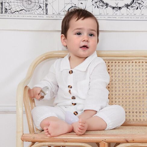 VISGOGO Baby Boy Polo Romper Long Sleeve Solid Bodysuit Cotton Linen Jumpsuit Collared Onesie Infant One-Piece Outfit in Kuwait