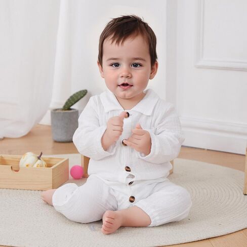 VISGOGO Baby Boy Polo Romper Long Sleeve Solid Bodysuit Cotton Linen Jumpsuit Collared Onesie Infant One-Piece Outfit in Kuwait