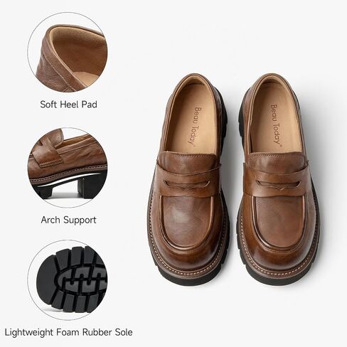 حذاء بدون كعب منصة من BEAU TODAY للنساء، حذاء بدون كعب جلدي مكتنز للنساء، حذاء بدون كعب بنعل سهل الارتداء مريح للعمل كاجوال للمكتب غير قابل للانزلاق بمقدمة مستديرة للسيدات in Saudi Arabia
