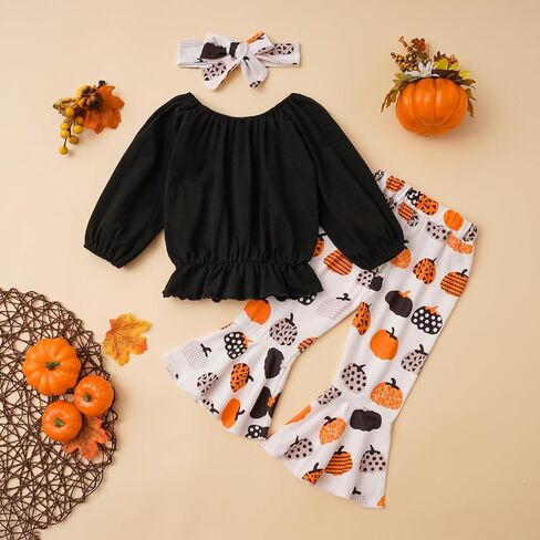 Toddler Baby Girl Halloween Outfits Kid Girl Long Sleeve Shirt Pumpkin Bell Bottom Flared Pant Set Fall Clothes 1-5Y in Saudi Arabia