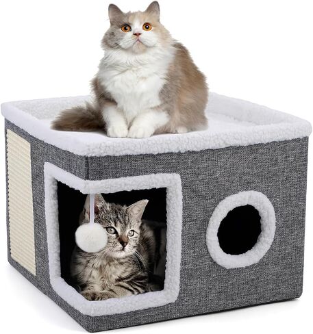 Cat Bed for Indoor Cats, Enclosed Cat Cave with Cozy Hideaway, Fluffy Hanging Ball, Cat Scratching Pad, Foldable Cat Ottoman House Hold Up to 135LBS, Cat Cube Condo for Kitten, 15" x 12.6" x 12.5" in Saudi Arabia