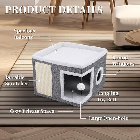 Cat Bed for Indoor Cats, Enclosed Cat Cave with Cozy Hideaway, Fluffy Hanging Ball, Cat Scratching Pad, Foldable Cat Ottoman House Hold Up to 135LBS, Cat Cube Condo for Kitten, 15" x 12.6" x 12.5" in Saudi Arabia
