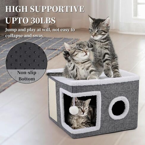 Cat Bed for Indoor Cats, Enclosed Cat Cave with Cozy Hideaway, Fluffy Hanging Ball, Cat Scratching Pad, Foldable Cat Ottoman House Hold Up to 135LBS, Cat Cube Condo for Kitten, 15" x 12.6" x 12.5" in Saudi Arabia
