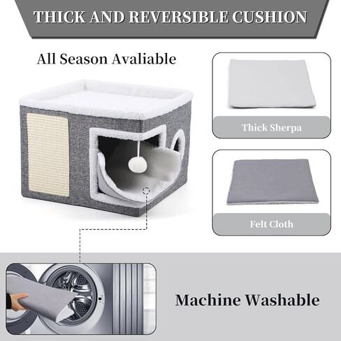 Cat Bed for Indoor Cats, Enclosed Cat Cave with Cozy Hideaway, Fluffy Hanging Ball, Cat Scratching Pad, Foldable Cat Ottoman House Hold Up to 135LBS, Cat Cube Condo for Kitten, 15" x 12.6" x 12.5" in Saudi Arabia