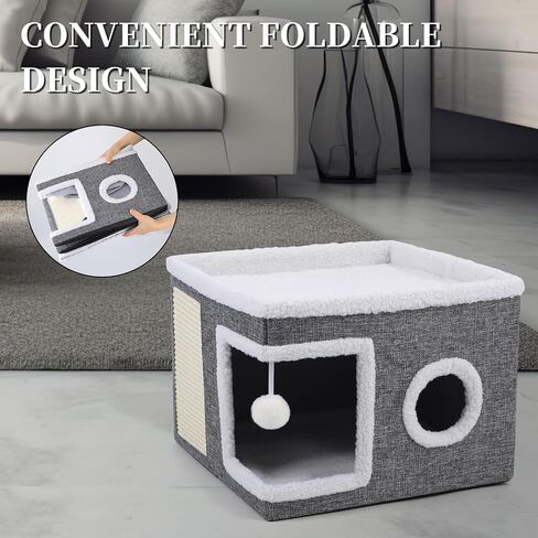 Cat Bed for Indoor Cats, Enclosed Cat Cave with Cozy Hideaway, Fluffy Hanging Ball, Cat Scratching Pad, Foldable Cat Ottoman House Hold Up to 135LBS, Cat Cube Condo for Kitten, 15" x 12.6" x 12.5" in Saudi Arabia
