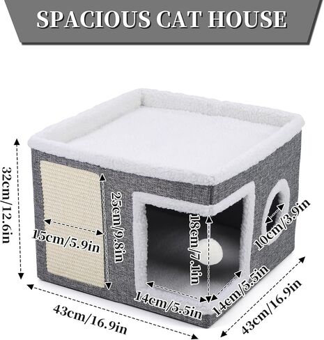 Cat Bed for Indoor Cats, Enclosed Cat Cave with Cozy Hideaway, Fluffy Hanging Ball, Cat Scratching Pad, Foldable Cat Ottoman House Hold Up to 135LBS, Cat Cube Condo for Kitten, 15" x 12.6" x 12.5" in Saudi Arabia