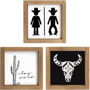 flangairy Western Bathroom Decor, Wooden Western Wall Art, Southwestern Cowboy Yee Haw Cow Skull Wild Free Signs, Black White Farmhouse Home Table Shelf decorations