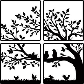 ruelen 4 Pieces Metal Birds and Branch Wall Art, Tree of Life Metal Wall Art, Black Leaves with Birds Silhouette Hanging Wall Sculpture For Indoor Home Bedroom Living Room Office Outdoor Garden Patio