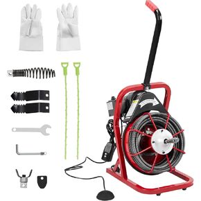 Drain Cleaner Machine 75 Ft X 1/2 Inch, Sewer Auger Auto Feed with 4 Cutters & Foot Switch and Pair of Gloves for 1 to 4 Inch Pipes, Red, Black