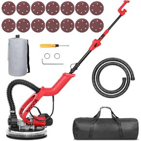 Drywall Sander - 750W Electric Drywall Sander with Vacuum 6 Variable Speeds 1850RPM Foldable Power Disc Sanders with 14Pcs Sandpapers, 9 Inch Sanding Discs with LED Light (red)