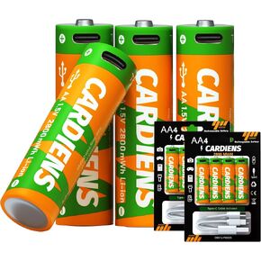 USB Rechargeable AA Batteries 2800mWh Rechargeable Lithium AA Batteries 1.5V Double A Battery with 4-in-1 USB-C Charging Cable and LED Charge Indicator, 4-Pack